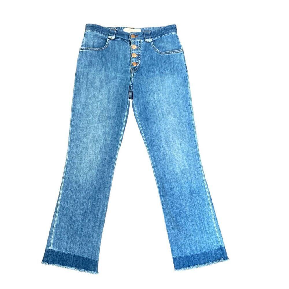 See by Chloe Jeans Italy Button Fly Medium Wash Blue Denim Raw Hem Crop Size 26